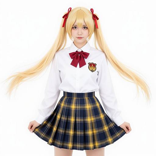 Digital anime-style drawing of a blonde girl with long twin tails, wearing a white shirt with a red bow, plaid skirt, and school emblem,
