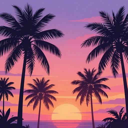 Silhouetted palm trees against a vibrant sunset with pink, orange, and purple hues. Digital illustration, tropical, serene, and colorful.