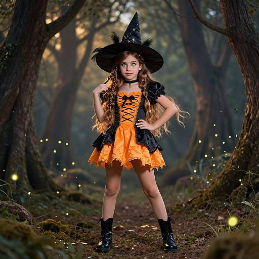 Confident Witch Girl in Twilight Forest