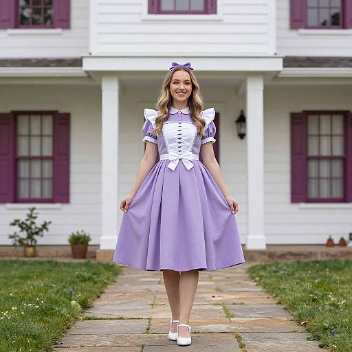Photograph of a smiling young woman in a lavender vintage-style dress with white puffed sleeves and bow, standing in front of a white house with purple