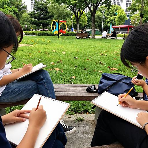 Photograph of two Asian students with black hair, wearing glasses and blue jeans, sitting on a bench, writing in notebooks, with a green park and