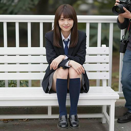 Stylish Asian Woman on Wooden Bench