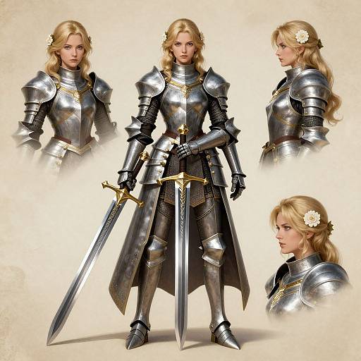 Photorealistic digital artwork of a blonde woman in shining silver medieval armor, holding a long sword, with three side profiles. She wears white flowers in