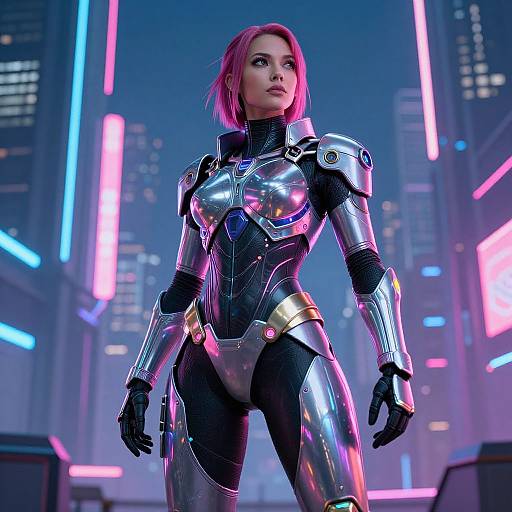 CGI image of a strong, pink-haired woman in reflective, metallic armor standing in a neon-lit, futuristic cityscape at night.