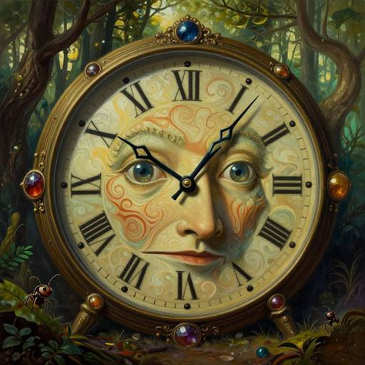Digital fantasy artwork: A large, ornate clock with a sun-faced dial, Roman numerals, and gemstones, set in a mystical forest.