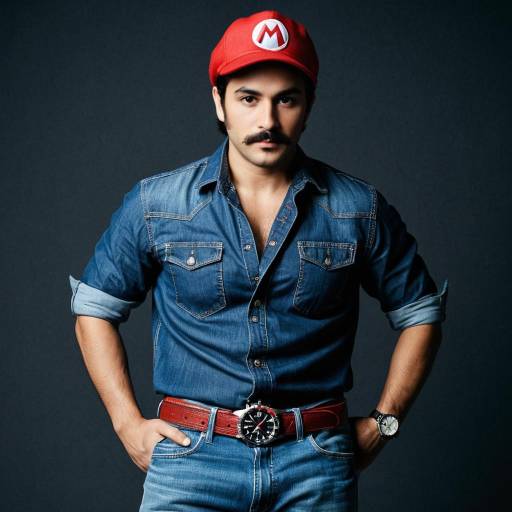 Man in Mario Hat and Denim Outfit