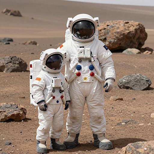 Two astronauts standing on rocky Martian terrain
