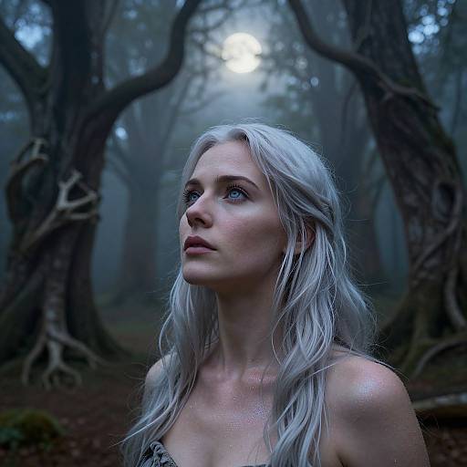 Photograph of a pale-skinned woman with long, silver hair, looking up in a misty, dark forest with twisted trees. Moonlight filters