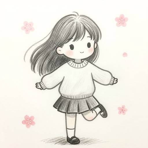 Cute, black-and-white digital drawing of a chibi-style girl with long hair, wearing a white sweater, black skirt, and black shoes,