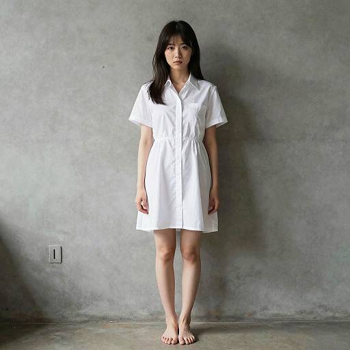 Young Woman in White Shirt Dress Standing Barefoot