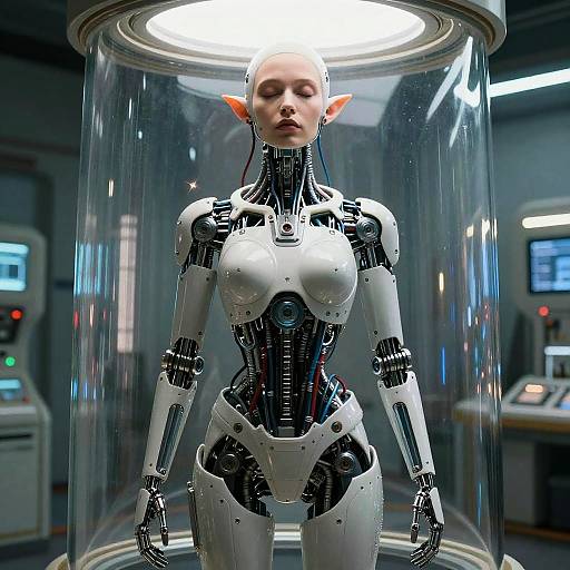 Cyborg Elf Woman in Cryogenic Chamber