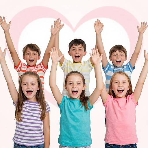 Photograph of six excited children with raised arms, diverse clothing, smiling widely, standing against a white background. Bright, cheerful atmosphere.