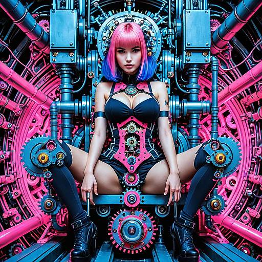 Digital artwork: cyberpunk woman with pink and blue bob haircut, black leather lingerie, boots, and arm bands, surrounded by neon pink and blue gears