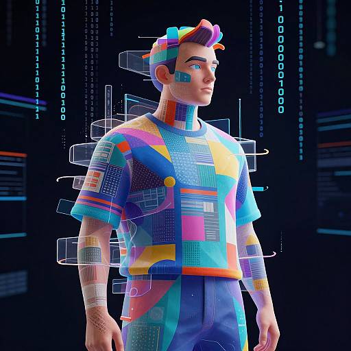 Digital illustration of a man with vibrant, geometric, multicolored shirt and futuristic accessories, standing against a dark, tech-themed background.