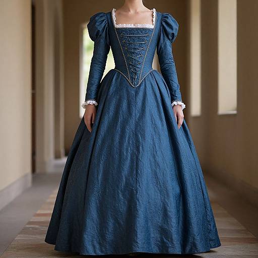 Photograph of a woman in a blue, Victorian-style dress with puffed sleeves, white lace trim, and intricate corset detailing, standing in a