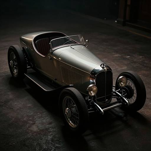 Photograph of a sleek, vintage, silver racing car with a shiny chrome grille, wire-spoke wheels, and a black leather top, illuminated against