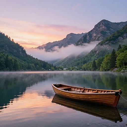 Photograph of a wooden rowboat on a calm lake at sunrise, with misty mountains and a colorful sky reflected in the water.