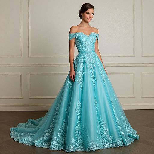 Photograph of a woman in a floor-length, off-the-shoulder, light blue lace gown with a full skirt, standing in a white-pane