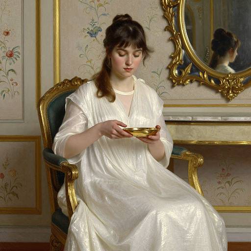 Photograph of a young woman with fair skin and dark brown hair in a white, shimmering dress, holding a golden bowl, sitting in an orn