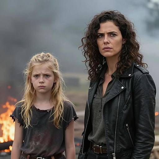 Determined woman and concerned girl in smoky setting