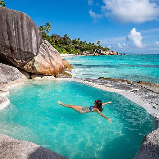 Photograph of a woman with dark hair in a blue bikini swimming in a crystal-clear turquoise lagoon with large rocks, palm trees, and a bright
