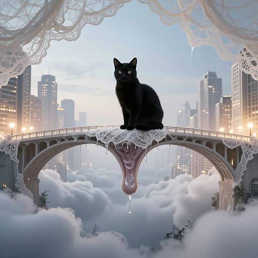 Digital artwork: Black cat with glowing eyes sits on a lace-draped, arching bridge above a city skyline, with clouds below and buildings in