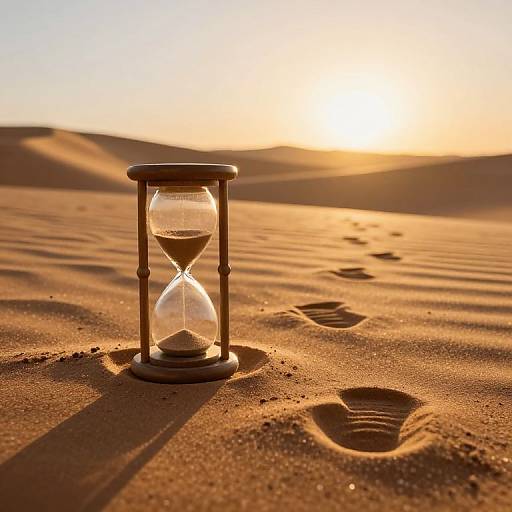 Photograph of a wooden hourglass standing in golden desert sand at sunset, with footprints leading to the horizon.