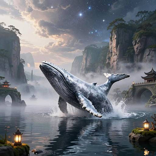 Colossal Silver Whale Breaching in Misty Mountain Bay
