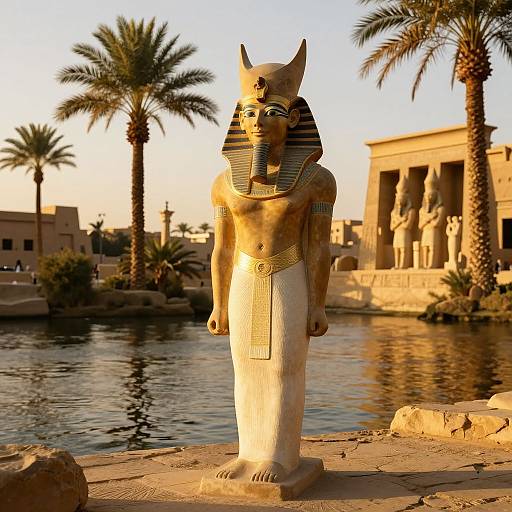 Photograph of an Egyptian Anubis statue with a golden-brown hue, wearing a striped nemes headdress, standing by a palm tree-lined