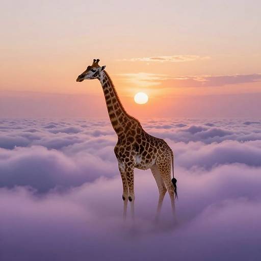 Photograph of a giraffe standing on a sea of purple-tinted clouds at sunset, with the sun partially hidden behind the horizon.