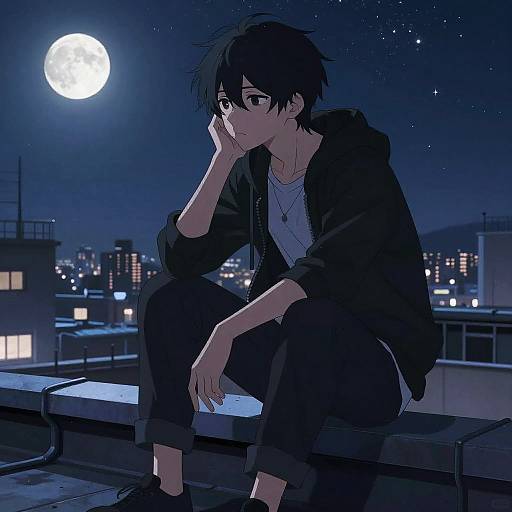 Anime Boy Sitting on Rooftop Under Moonlight