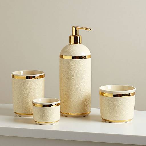 Elegant Cream Damask Ceramic Bath Set