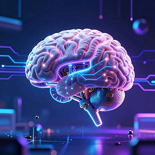 Neon-lit, digital CGI of a human brain with glowing blue and pink lines, floating above a futuristic, dark blue circuit board background.