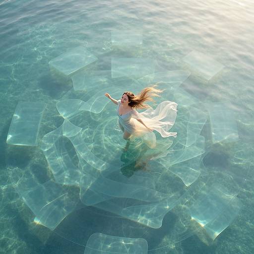 Photograph of a woman with long brown hair, wearing a white dress, floating in clear, sunlit, hexagonal-patterned water.