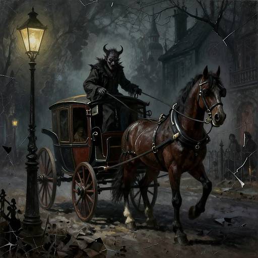 Dark, gothic illustration of a demonic figure with horns driving a horse-drawn carriage at night, illuminated by a lantern.