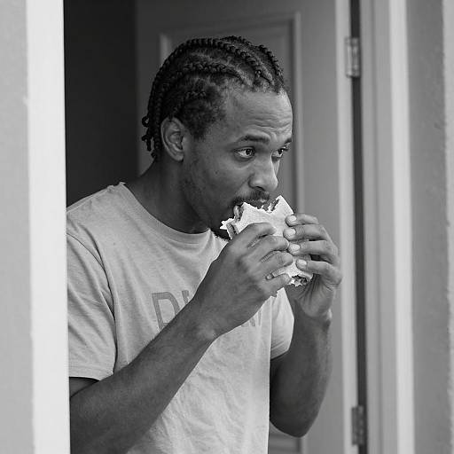 Man Eating Sandwich in Doorway