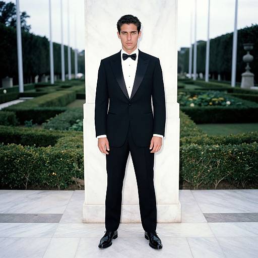 Photograph of a handsome man with short dark hair, wearing a black tuxedo, white shirt, and black bow tie, standing in front of
