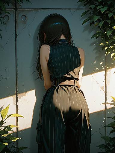Anime Woman in Pinstripe Jumpsuit Against Wall