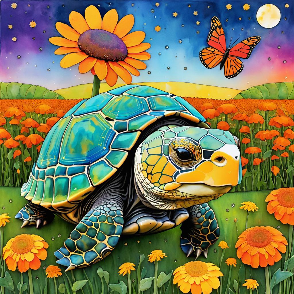 Whimsical Tortoise Under Dusk Blossoms