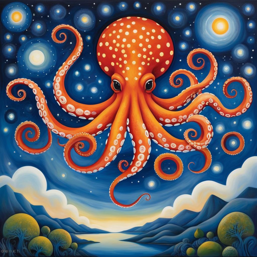 Surreal Octopus Painting Night Sky