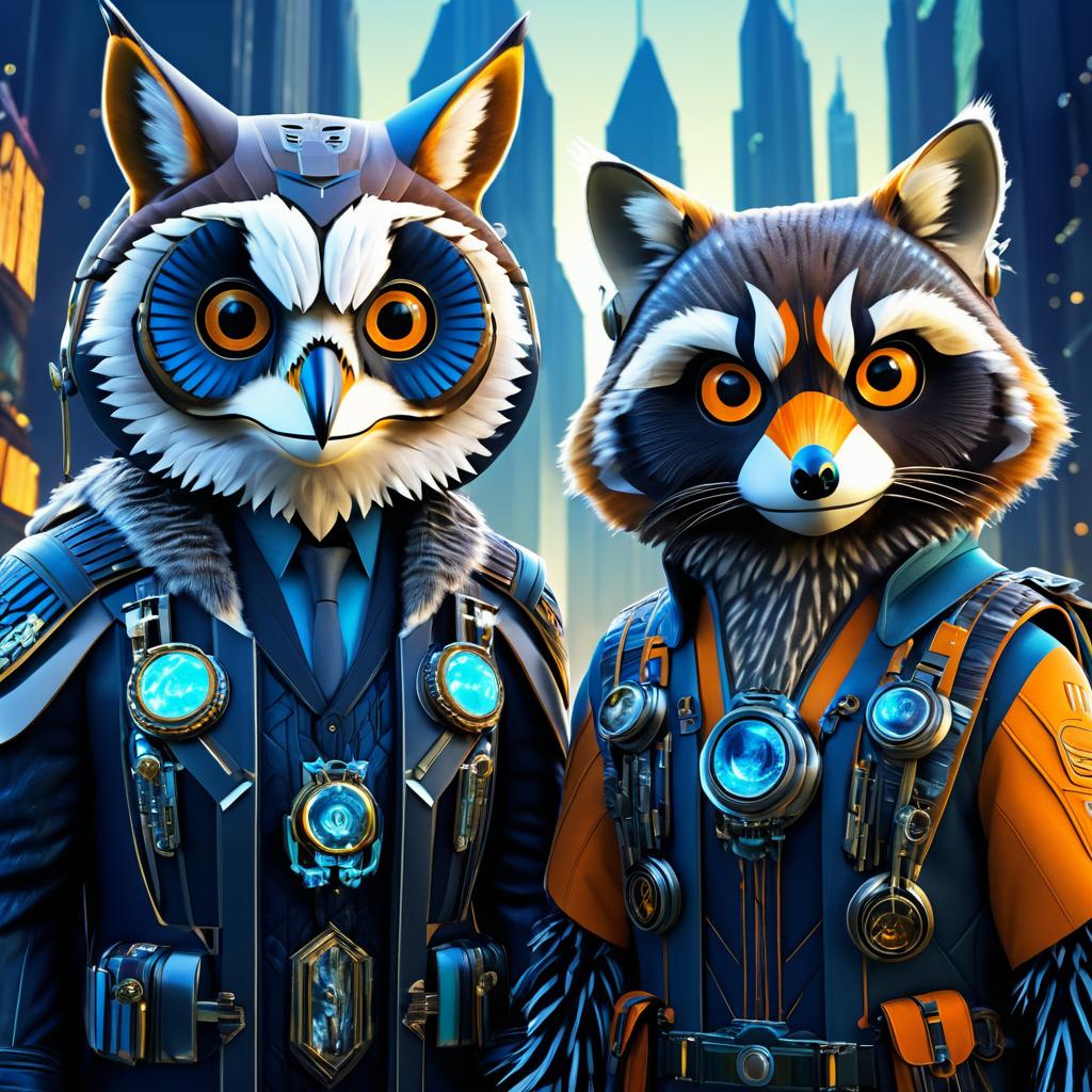 Dynamic Duo: Owl and Raccoon Portrait