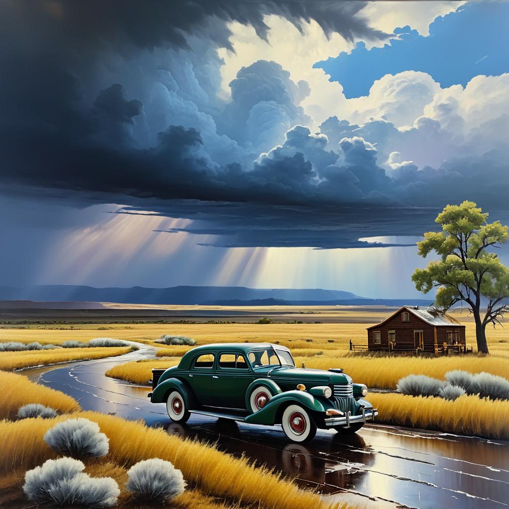 Serene Western Landscape with Vintage Car