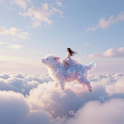 Digital illustration of a woman with long black hair riding a glowing, white, bubble-covered wolf through a bright, cloudy sky.