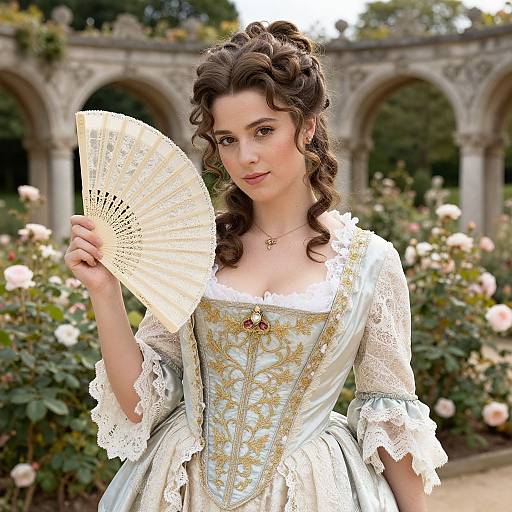 Photograph of a fair-skinned woman with curly brown hair, wearing an elaborate white and gold corset dress, holding a lace fan, in a