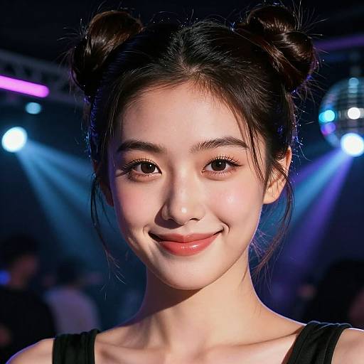 Photograph of an Asian woman with fair skin, dark hair in two buns, wearing a black top, smiling in dimly lit nightclub with colorful