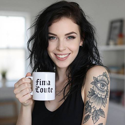 Photograph of a smiling woman with black hair, nose ring, and eye tattoo, holding a 