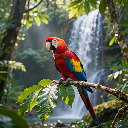 Photograph of a vibrant red, blue, and yellow macaw perched on a branch with green leaves, against a background of a cascading waterfall