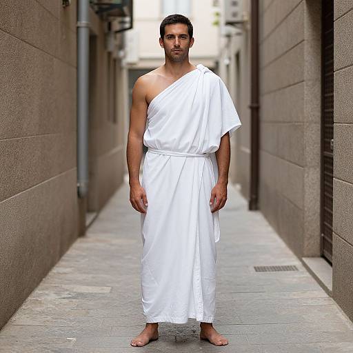 Photograph of a muscular man with short black hair, wearing a white, single-shoulder toga and barefoot, standing in a narrow urban