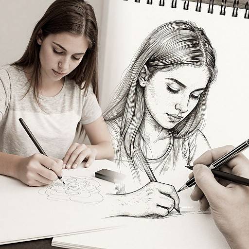 Photograph of a young woman with long brown hair, wearing a white shirt, sketching a detailed black-and-white portrait on a spiral notebook. Her