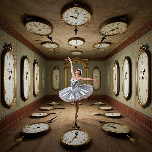 Digital art of a ballerina in a white tutu, balancing on pointe, surrounded by floating, illuminated clocks in a vintage room.
